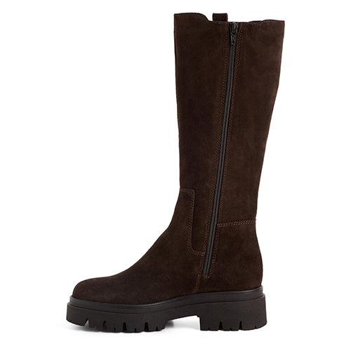 Brown knee-high boot with a zipper on a white background
