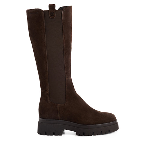 Brown knee-high boot on a white background