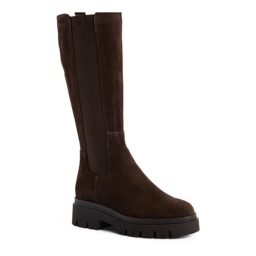 Black knee-high boot with black sole on a white background