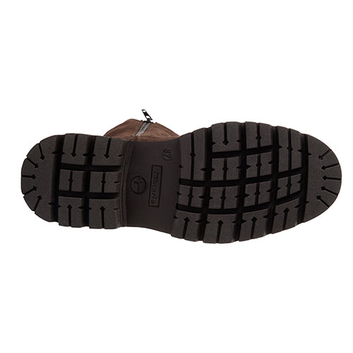 Close-up of a brown boot sole with tread pattern on a white background
