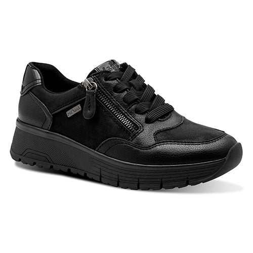 Black sneaker with a visible brand logo on a white background