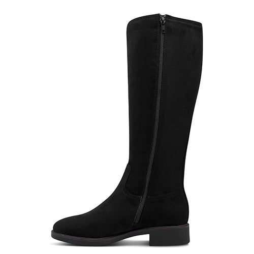 Black knee-high boot with a zipper on a white background