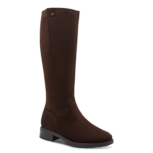 Brown knee-high boot on a white background