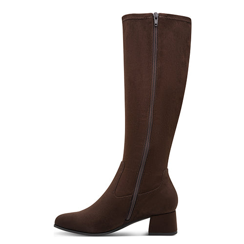 Brown knee-high boot with a zipper on a white background