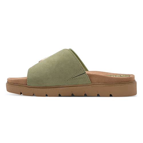 Green and brown slide sandal on a white background