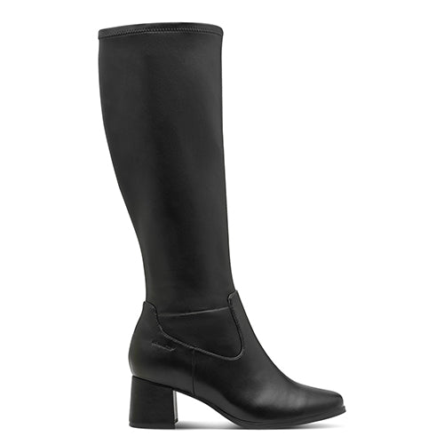 Black knee-high heeled boot on a white background