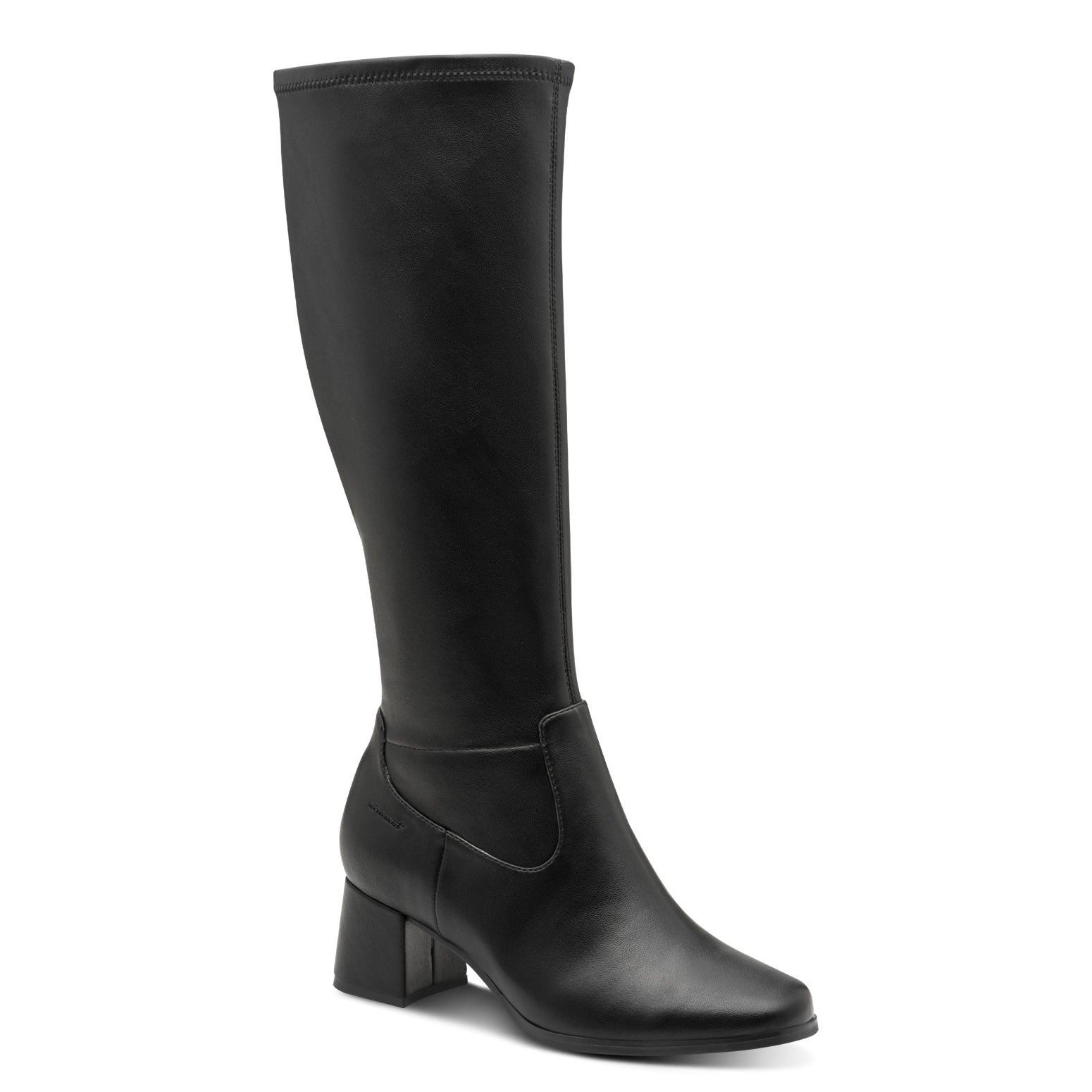 Black knee-high heeled boot on a white background