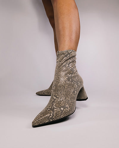 Tamaris Block Heeled Ankle Boots - 25315-45 - Beige Snake
