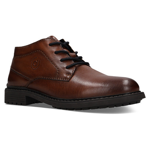 A brown leather lace-up ankle boot with black laces and a black sole, shown from a side profile on a white background.