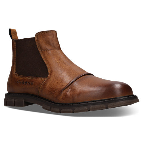 A single brown leather Chelsea boot with a dark brown elastic side panel, shown from a three-quarters angle on a white background.