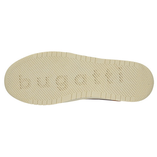 The beige rubber outsole of a Bugatti shoe, featuring the brand name embossed in the center, shown against a plain white background.