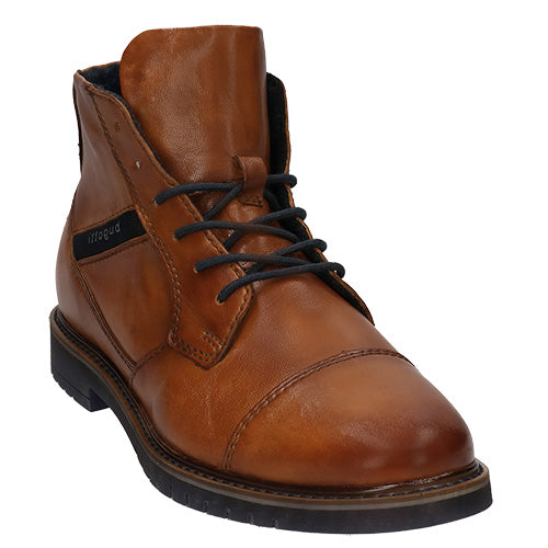 A brown leather ankle boot with black laces and a black sole, shown from a angled side profile view on a white background.
