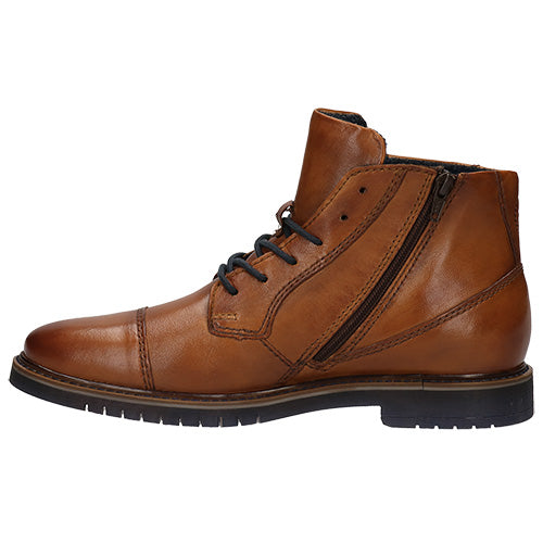 A brown leather ankle boot with black laces, a side zipper, and a black sole, shown from a side profile view on a white background.