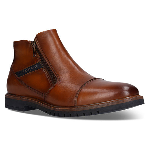 Brown Bugatti ankle boot, set against a white background