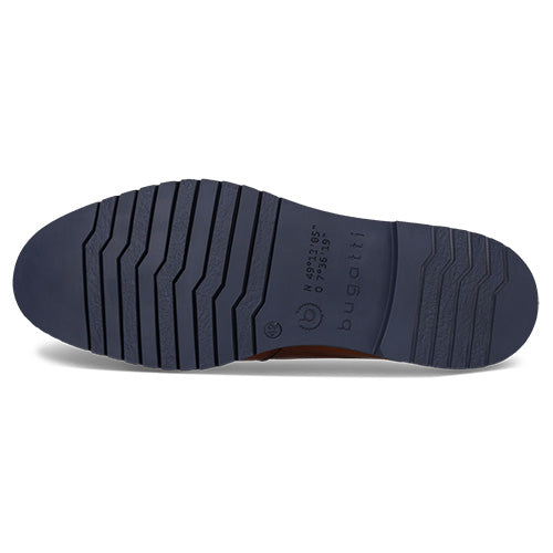 Navy sole of a Brown Bugatti ankle boot, set against a white background