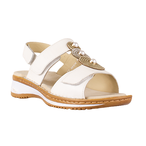 White sandal with gold embellishments on a white background