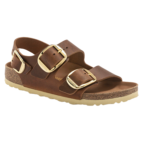 Birkenstock Ladies Oiled Leather Sandals - Milano Big Buckle - Cognac