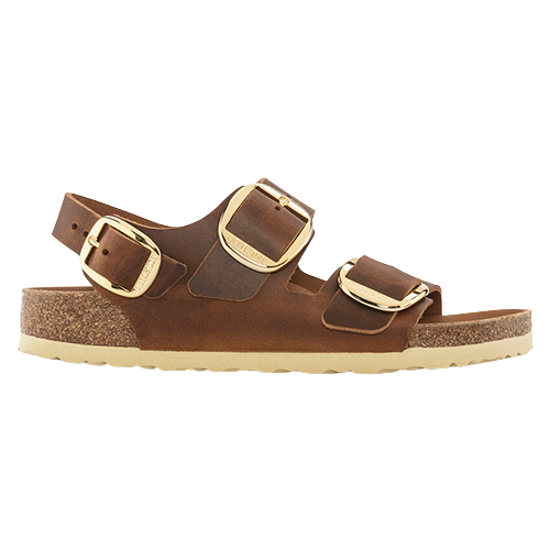 Birkenstock Ladies Oiled Leather Sandals - Milano Big Buckle - Cognac