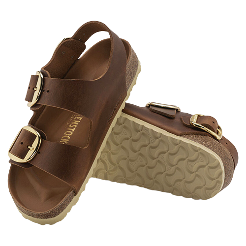 Birkenstock Ladies Oiled Leather Sandals - Milano Big Buckle - Cognac