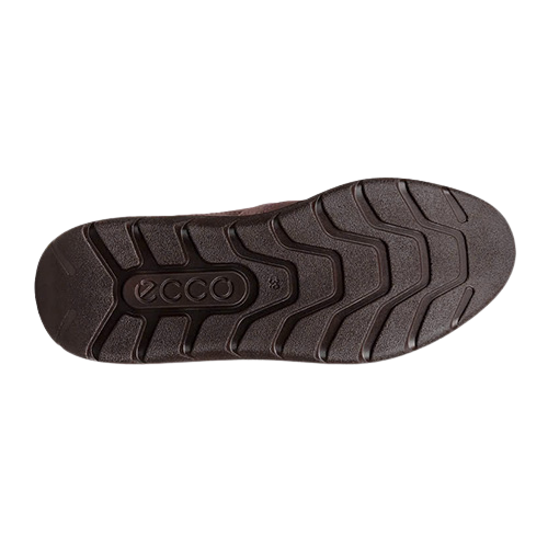 A top-down view of a dark brown shoe sole with a textured tread pattern and the embossed brand name &