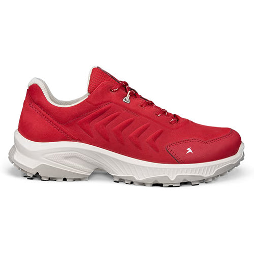 A red shoe with a thick white midsole and a small white logo on the side, shown from a profile view against a white background.