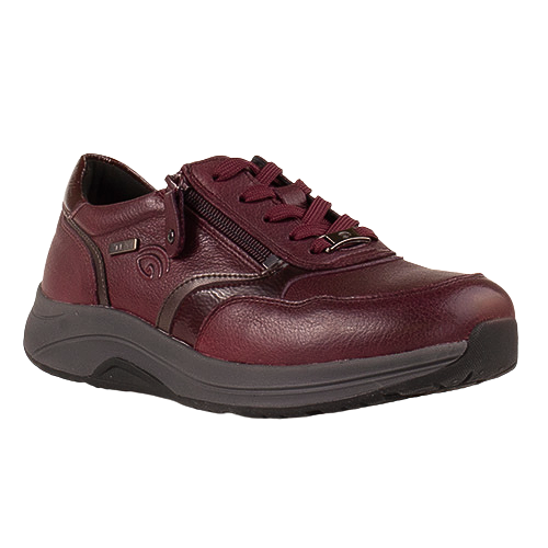 A single burgundy leather slip-on shoe with a side zipper, matching laces, and a dark gray sole, shown on a plain white background.