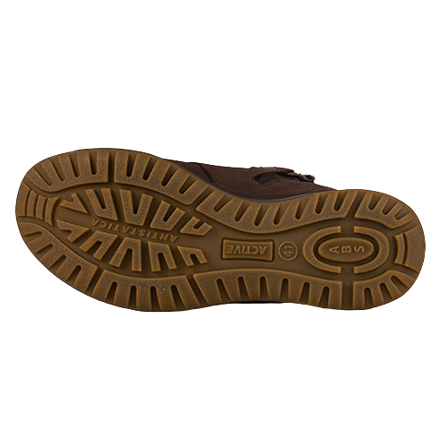 Brown shoe sole with brand logo on a white background
