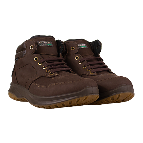 Pair of brown Grisport boots on a white background