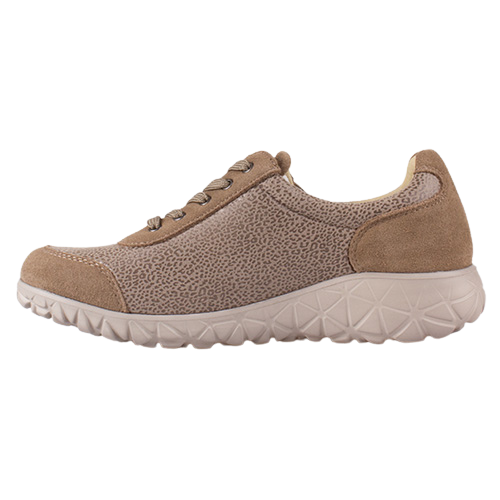 A single casual sneaker shown in profile against a solid white background. The shoe features a speckled taupe-brown upper with suede-like toe and heel panels, matching laces, and a thick, textured off-white sole.