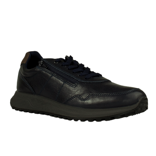 Navy leather trainer with zip on a white background