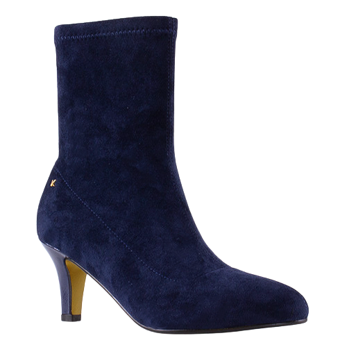 A navy blue suede ankle boot with a pointed toe and a slim high heel, shown from a side profile on a white background.