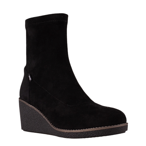A black suede ankle boot with a wedge heel and a small silver logo on the side, shown against a plain white background.