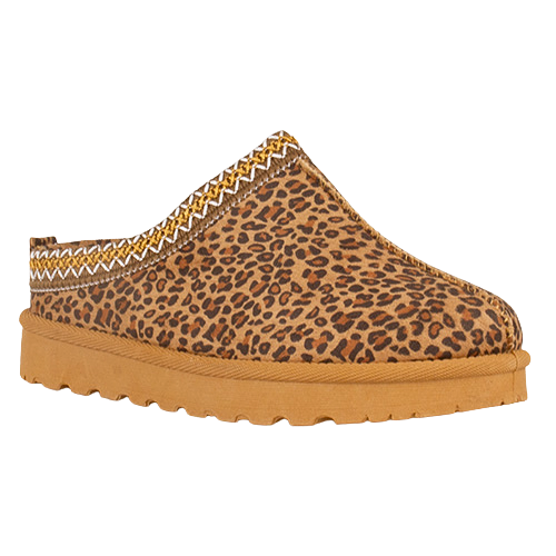A single slip-on clog-style shoe with a tan and brown leopard print upper, a zigzag patterned trim near the opening, and a thick tan sole, shown on a plain white background.