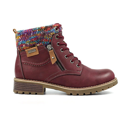Maroon boot with colorful knit cuff on a white background