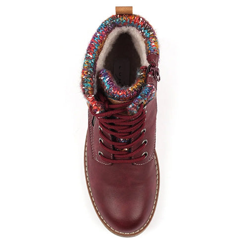 Burgundy waterproof ankle boot with multicoloured fleece lining and lace-up front on a white background.