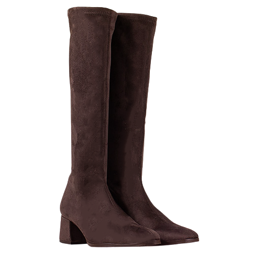 Miss Elastic Block Heeled Knee Boots - 78331 - Brown Suede