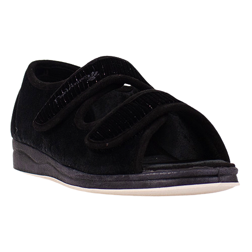 Padders Extra Wide Velcro Open Toe Slipper - Lydia X - Black Sparkle