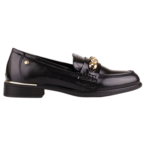 A black leather penny loafer with a gold-tone decorative hardware detail on the strap, a low block heel, and a gold accent on the side, shown in profile against a white background.