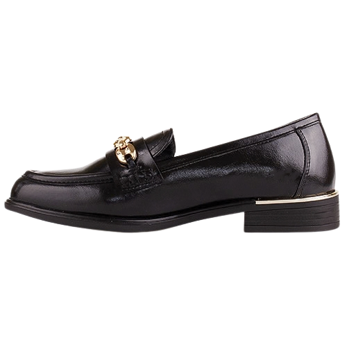 Black loafer shoe with a decorative buckle on a white background