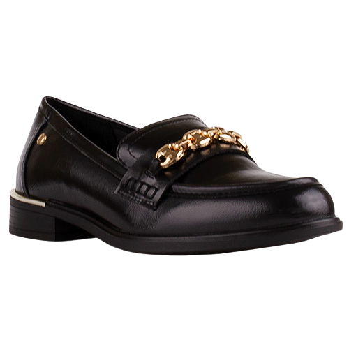 A black leather loafer-style shoe with a chunky gold chain detail across the vamp and a small gold button on the heel, shown on a plain white background.