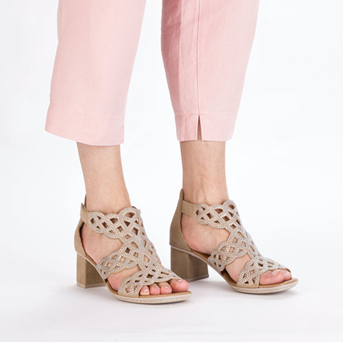 Rieker Ladies Block Heeled Sandals - 64773-61 - Gold