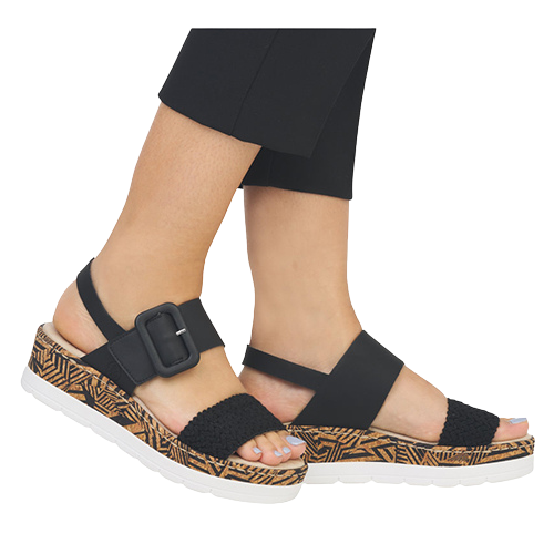 Rieker Ladies Low Wedge Sandals - V3950-00 - Black