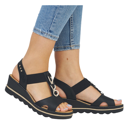 Rieker Wedge Sandals - 67498-00 - Black