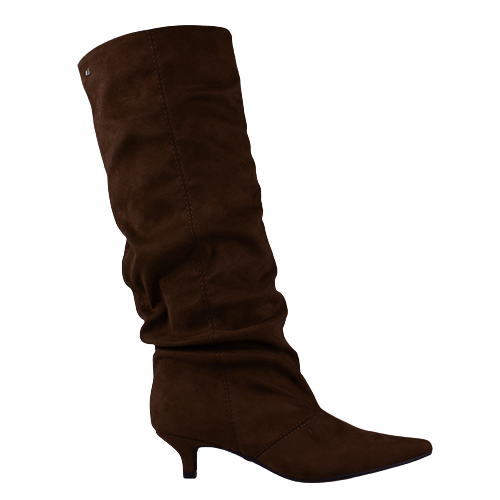 A single dark brown suede slouchy knee-high boot with a pointed toe and kitten heel, shown against a plain white background.