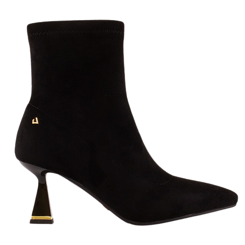 A black suede ankle boot with a pointed toe and a unique metallic gold geometric heel, shown from a side profile on a white background.
