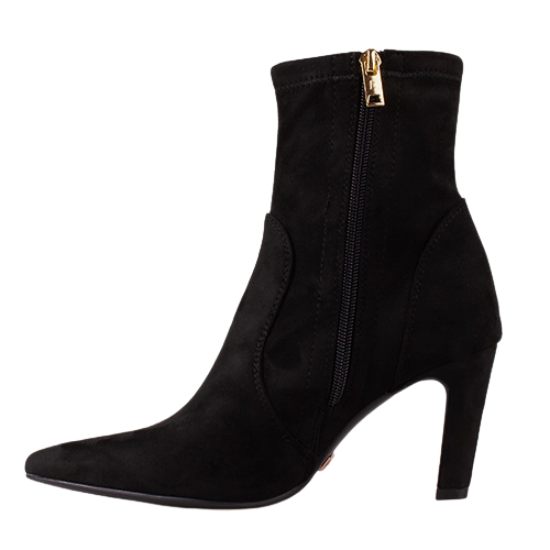 Single Una Healy Dressy Ankle Boot with Gold Zip on a white background - Home Wrecker - Black Suede