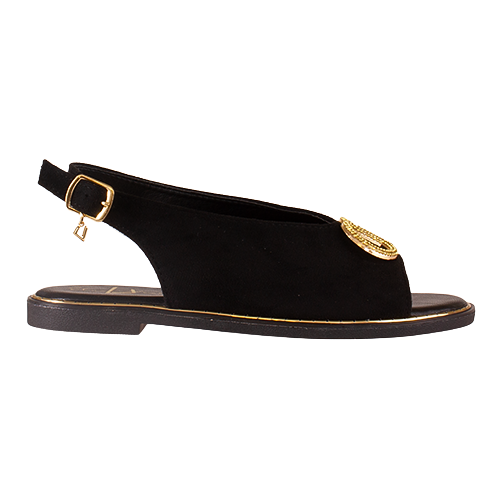 Black Flat sandal with gold accents on a white background