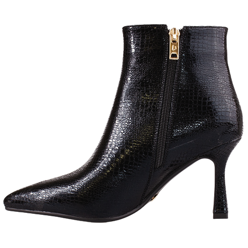 A black pointed-toe ankle boot with a high stiletto heel, featuring a textured python-style embossed pattern and a gold-tone zipper pull, shown against a plain white background.