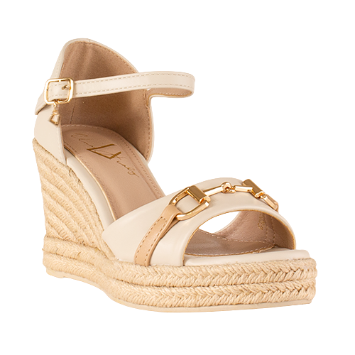 Beige wedge sandal with gold accents on a white background