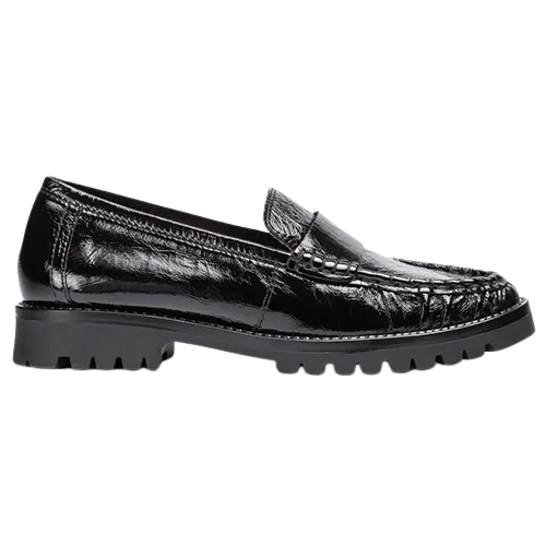 One black patent leather loafers with a crocodile-embossed texture and chunky lug soles, shown at a side profile on a plain white background.